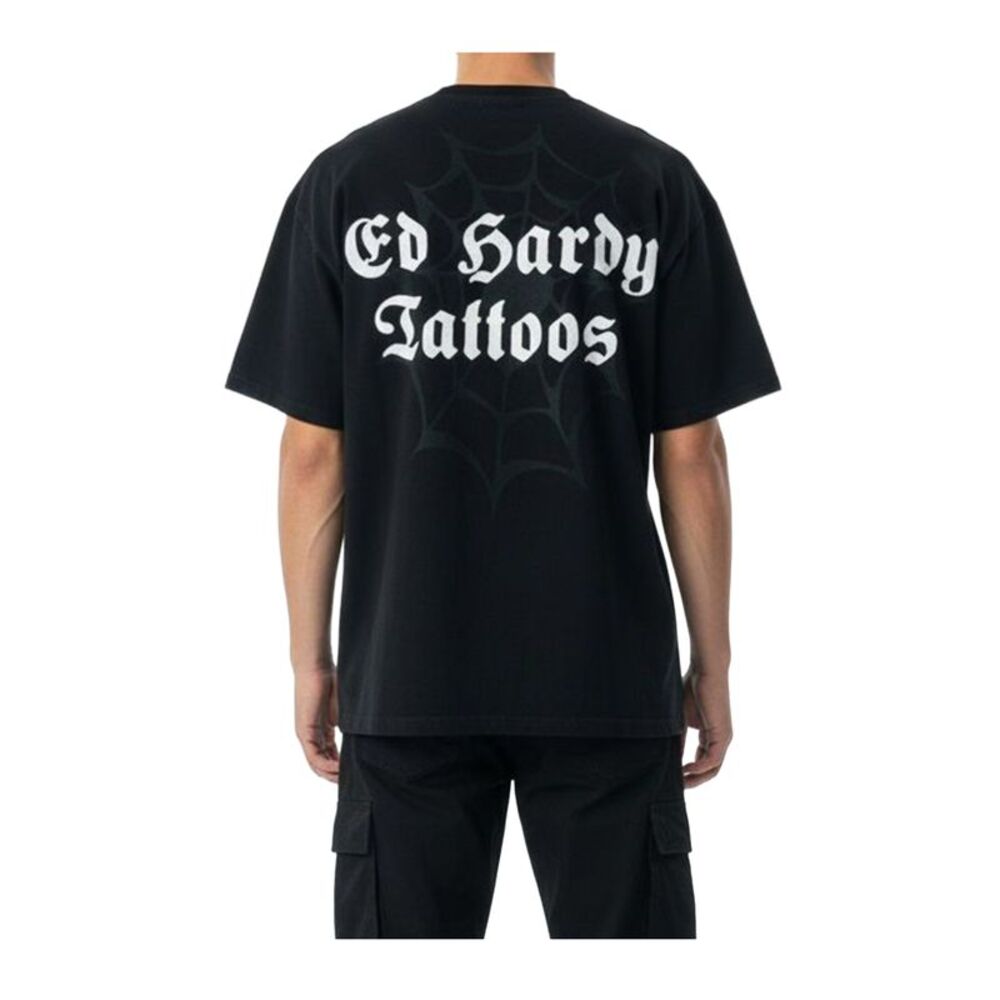 Ed Hardy Crew Neck T-Shirt Flame Web Washed Boxy Mens Grey EMSM1101-1 - Picture 2 of 2